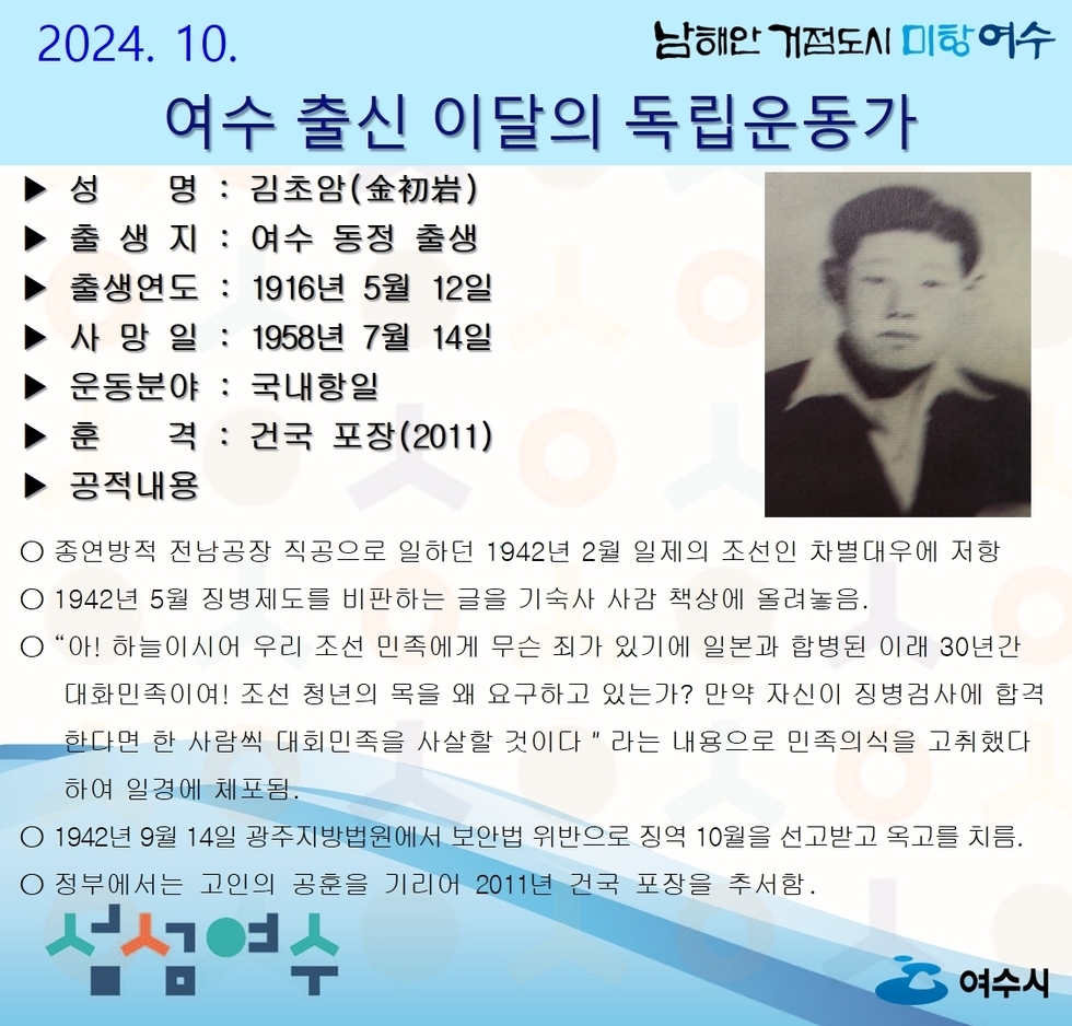 2024. 10. 여수 출신 이달의 독립운동가 성 명 : 김초암(금初岩) 출 생 지 : 여수 동정 출생연도 : 1916년 5월 12일 사 망 일 : 1958년 7월 14일 운동분야 : 국내항일 훈 격 : 건국 포장(2011) 공적내용 ○ 중연방 전남공장 직공으로 일하던 1942년 2월 일제의 조선인 차별대우에 저항 ○ 1942년 5월 징병제도를 비판하는 글을 기숙사 사감 책상에 올려놓음. ○ “아! 하늘이시여 우리 조선 민족에게 무슨 죄가 있기에 일본과 합병된 이래 30년간 대한민국이여! 조선 청년의 목을 왜 요구하고 있는가? 만약 자신이 징병검사에 합격한다면 한 사람씩 대한민국을 사살할 것이다”라는 내용을 민족의식을 고취했다. ○ 1942년 9월 14일 광주지방법원에서 보안법 위반으로 징역 10년을 선고받고 옥고를 치름. ○ 정부에서는 고인의 훈장을 기리어 2011년 건국 포장을 추서함.